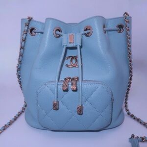 CHANEL Light Mint Blue Bucket Drawstring Bag, Gold Hardware & Crossbody Strap